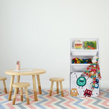 Relaxdays Kinderregal mit 3 Boxen, Monster-Motiv, Kiste mit Rollen, HBT: 80,5x42,5x30 cm, schmales Spielzeugregal, weiß, 10037514_0