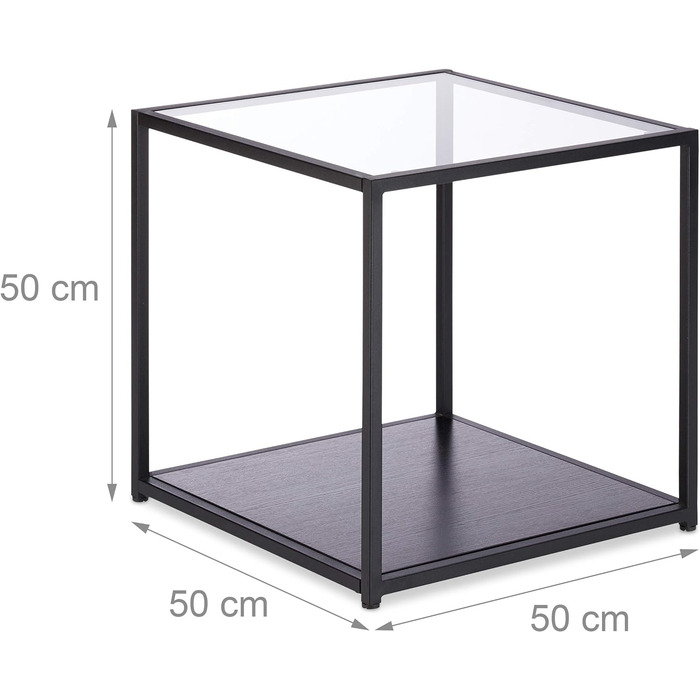 Relaxdays, schwarz Beistelltisch Glas+Holzablage, Metallgestell, robust, quadratisch, Flacher Couchtisch HBT 50x50x50 cm, Standard
