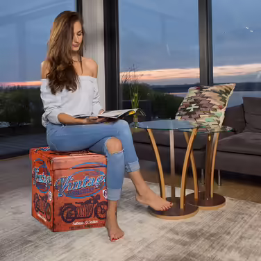 Relaxdays Faltbarer Sitzhocker 38 cm, stabiler Sitzwürfel mit Motiv, Kunstleder, Stauraum, Deckel
