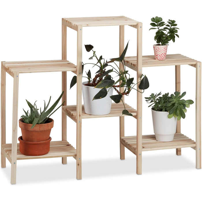 Relaxdays Pflanzenregal Holz, rustikal, stabil, rostfrei, 70x89x27 cm, natur Medium
