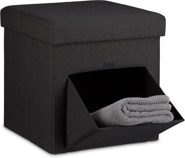 Relaxdays Faltbarer Sitzhocker, Leinen, Aufbewahrungsbox, abnehmbarer Deckel, 38x38x38 cm, Schwarz