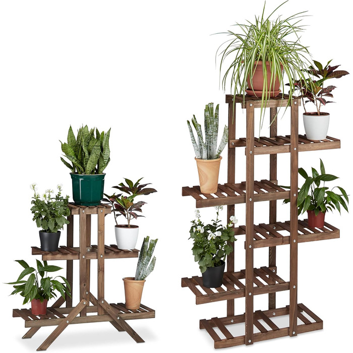 Relaxdays 2X Pflanzentreppe Set, Blumentreppe, Blumenregal, 5 Böden, Holz