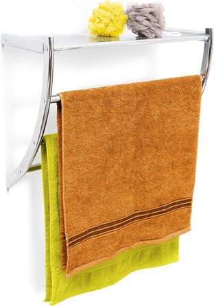 Relaxdays Wandhandtuchhalter, Chrom, 43x56x23 cm, 3 Stangen, Ablage, verchromter Stahl, silber