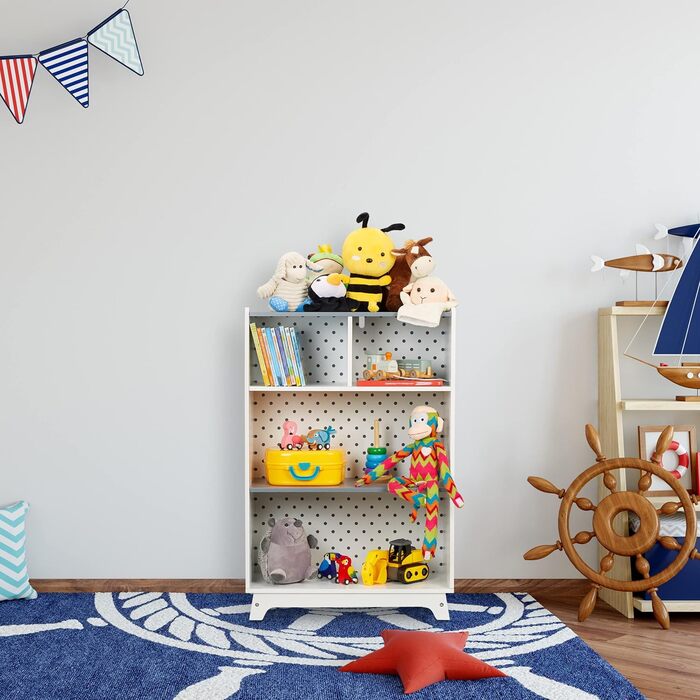Relaxdays Kinderregal für Spielsachen & Bücher, HBT: 90x60x30 cm, 4 Fächer, Mädchen & Jungen, Spielzeugregal, weiß/grau