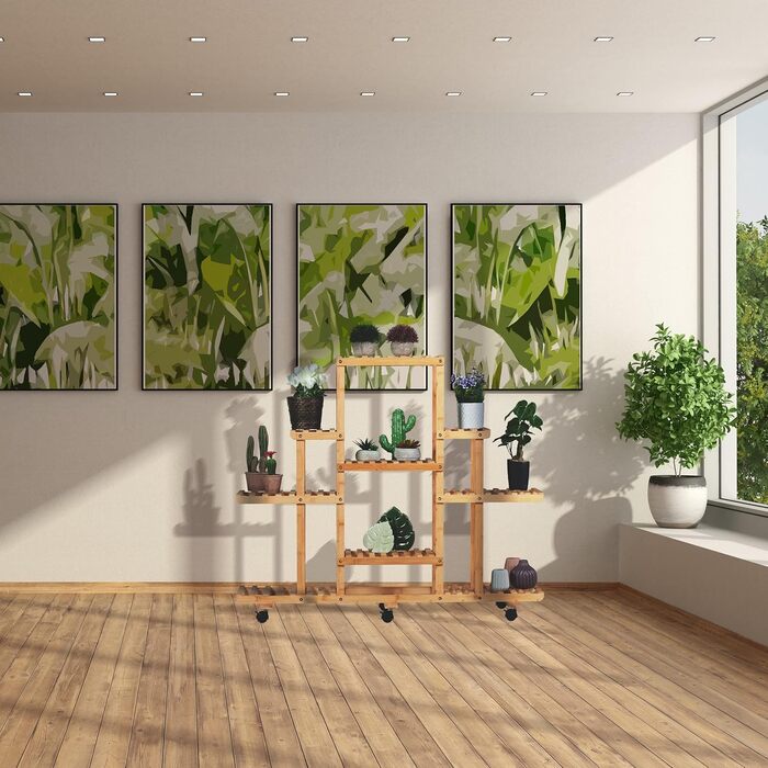 Relaxdays Pflanzenregal Bambus, 9 Ablagen, mit Rollen, 103x120x35,5 cm, Blumenregal innen, natur