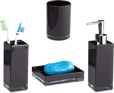 Relaxdays Badaccessoires Set 4-teilig, modern, Zahnputzbecher, Zahnbürstenhalter, Seifenspender, Seifenschale, schwarz, 9 x 12 x 19.5 cm