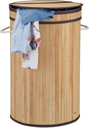 Relaxdays Wäschekorb Bambus, runder Wäschesammler mit Klappdeckel, 65 l, faltbare Wäschetonne, rund Ø 40 cm, (Natur)