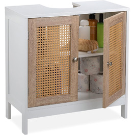 Relaxdays Waschbeckenunterschrank, 60 cm, 2 Fächer, Siphon-Aussparung, Rattan-Türen, weiß/Natur
