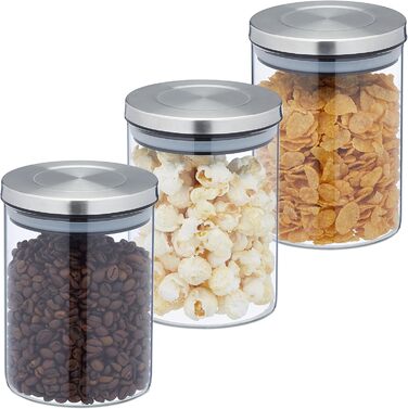 Relaxdays Glasdosen, 3er Set, 650 ml, luftdicht, transparent/silber