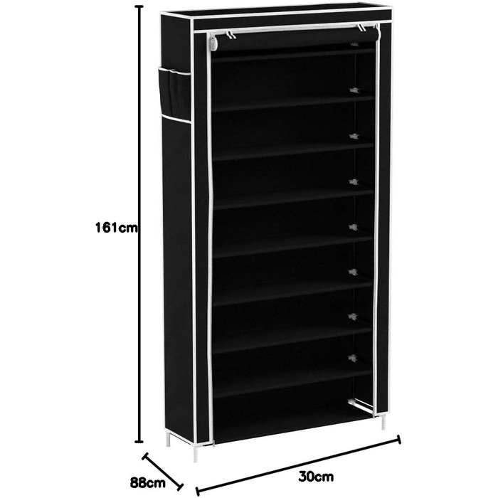 Relaxdays Schuhschrank Valentin, 161x88x30 cm, 10 Ablagen, Stoffbezug, staubfreie Lagerung, 45 Paar Schuhe, Schwarz
