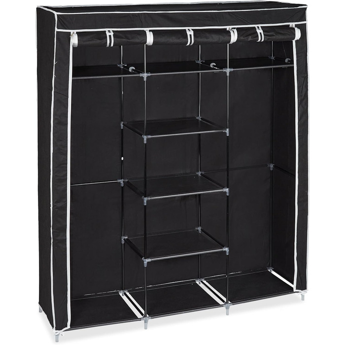 Relaxdays Stoffkleiderschrank, 9 Fächer, 2 Kleiderstangen, HBT: 173 x 148 x 43 cm, Camping, Keller, Faltschrank,  Stoff (Schwarz)