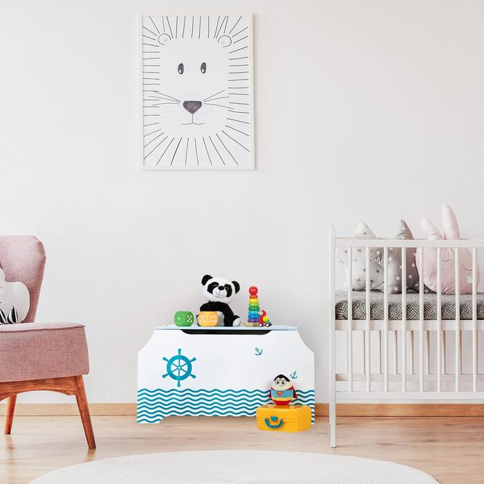 Relaxdays Spielzeugtruhe Seemann, Spielzeugkiste mit Deckel, HBT: 46 x 84 x 42,5 cm, Bücherfach, Spielzeugbox, weiß/blau