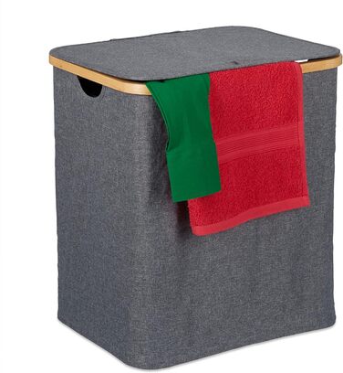 Relaxdays Wäschekorb mit Deckel, 130 l, Wäschesammler Bambus & Polyester, tragbar, atmungsaktiver Wäschesack,  90 10, (50.5 x 45 x 35.5 cm, Grau/Natur)