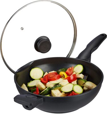 Relaxdays pfanne mit Glasdeckel 30 cm,  mit Antihaftbeschichtung für Gas-, Elektroherd, Griff, 4 Liter, schwarz (Wok Induktion)