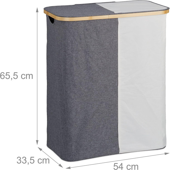 Relaxdays Wäschekorb mit Deckel, 130 l, Wäschesammler Bambus & Polyester, tragbar, atmungsaktiver Wäschesack,  90 10, (65.5x54x33.5 cm, Grau/Weiß)