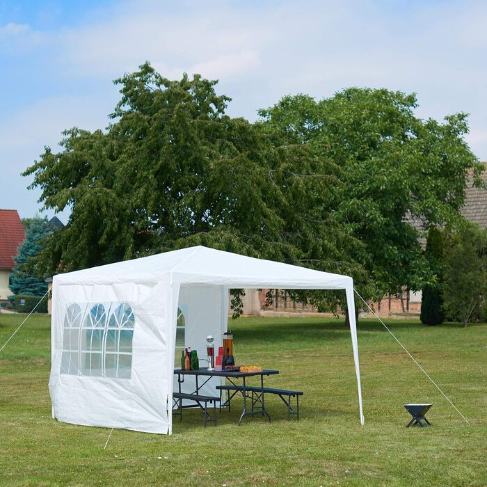 Relaxdays Pavillon 3x3 m, 2 Seitenteile, Metall Gestell, PE Plane, Fenster, Festival Partyzelt, Geschlossen, Weiß