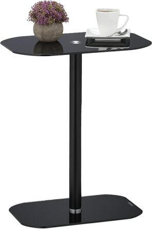 Relaxdays Beistelltisch, Glas & Stahl, HxBxT: 54,5 x 44,5 x 29,5cm, Sofatisch für Wohnzimmer, abgerundete Ecken, schwarz