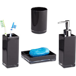 Relaxdays Badaccessoires Set 4-teilig, modern, Zahnputzbecher, Zahnbürstenhalter, Seifenspender, Seifenschale, schwarz, 9 x 12 x 19.5 cm