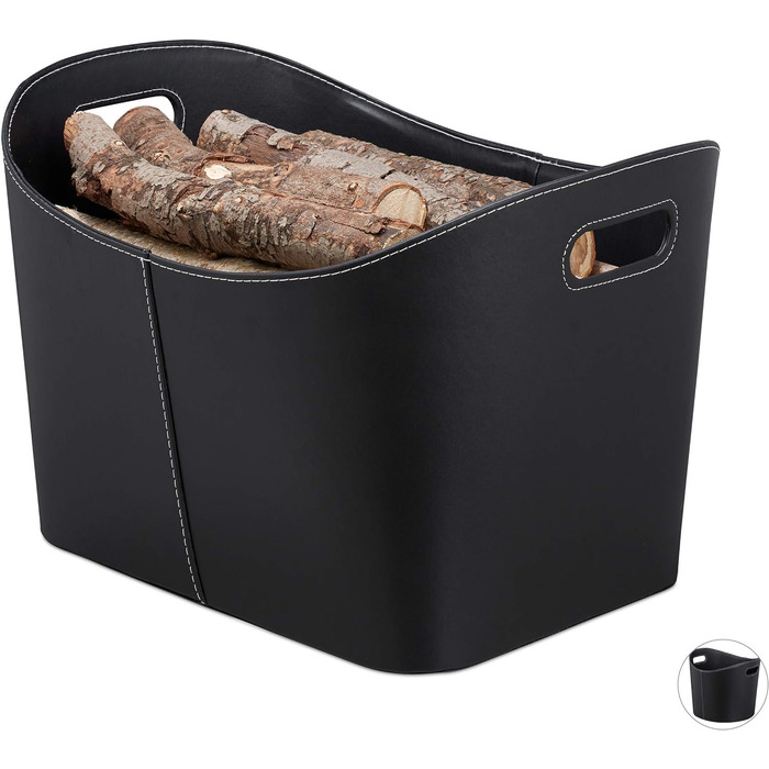 Relaxdays, schwarz Kaminholzkorb Kunstleder  stabiler Feuerholzkorb mit Tragegriffen, für Brennholz & Zeitungen, oval, 80% Pappe (XL, Bundle mit Kaminbesteck 61 x 15 x 15 cm)