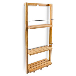 Relaxdays Duschregal mit 3 Ablagen H x B x T: ca. 70 x 28,5 x 10 cm Regal zum Einhängen mit 3 Haken für Handtücher oder Lappen als praktisches Hängeregal für Küche und Bad Duschablage aus Holz, natur Single