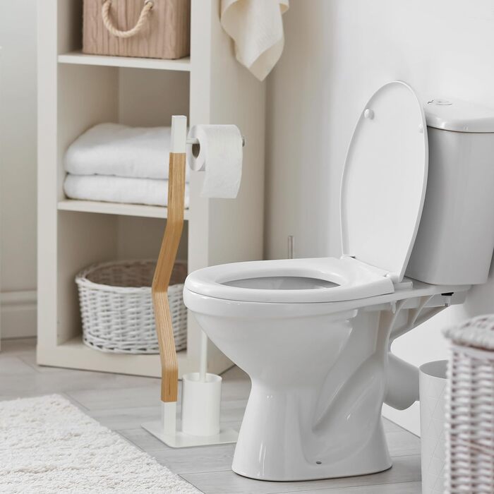 Relaxdays WC Garnitur, stehender Toilettenpapierhalter, Toilettenbürste mit Bürstenhalter, HBT: 76x20x20 cm, weiß/Natur