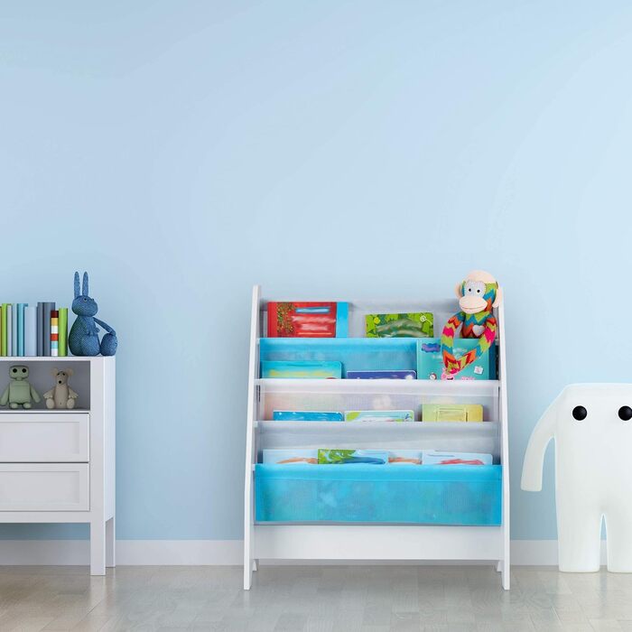 Relaxdays Kinder Bücherregal, 4 Hängefacher, Lagerfeuer Kindermotiv, Bücheraufbewahrung, HBT: 71x62x29 cm, mehrfarbig