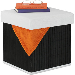 Relaxdays Sitzhocker, faltbar, Stauraum, 35x35x35 cm, Bambus, Schwarz/Weiß