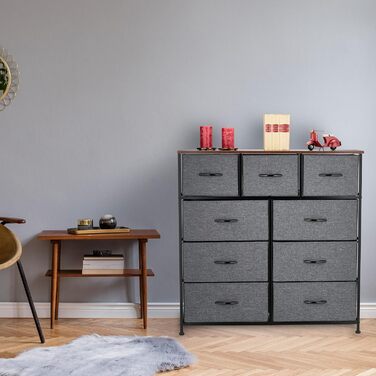 Relaxdays Kommode, 100x100x30 cm, Metall & Holzoptik, 9 Stoff-Schubladen, Moderne Beistellkommode