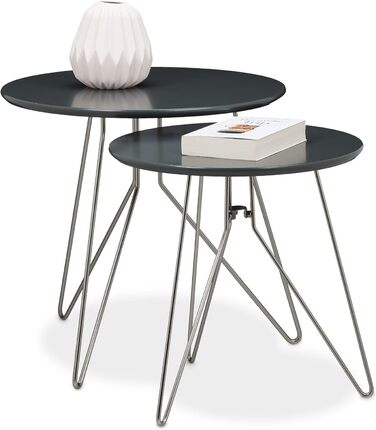 Relaxdays Beistelltisch 2er-Set, runde Satztische mit Metallgestell, Ablagetische, Tischplatte 40 u. 48 cm, MDF,  Standard (Grau)