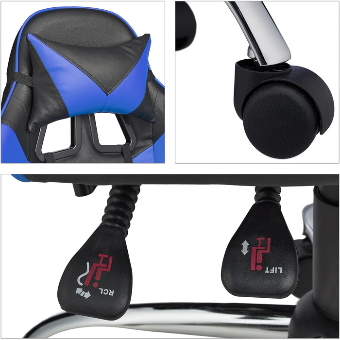 Relaxdays Gaming Stuhl, Racing Look, drehbar, höhenverstellbar, Kopf-& Lendenkissen, HxBxT: 133x68x60 cm, schwarz-blau