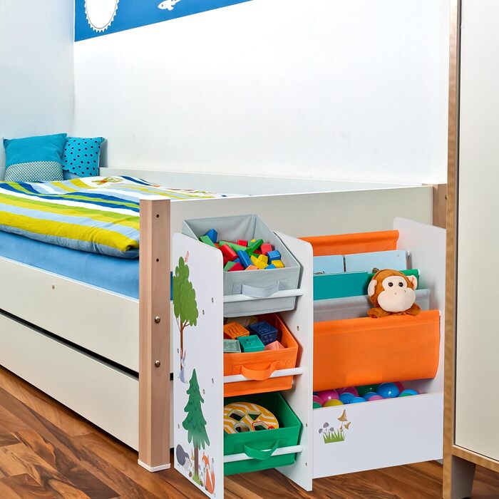 Relaxdays Kinderregal mit 3 Boxen, 4 Taschen, 1 Fach, HBT: 64x64x30 cm, Spielzeugregal Kinderzimmer, bunt