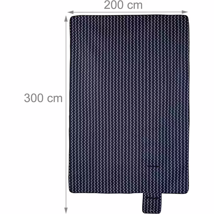 Relaxdays XXL Picknickdecke, 200x300 cm, Fleece Stranddecke, wärmeisoliert, wasserdicht, mit Tragegriff, dunkelblau/weiß