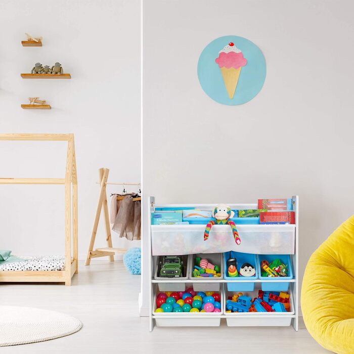 Relaxdays Kinderregal, 6 Boxen, 4 Stofffächer, Lagerfeuer Kindermotiv, Spielzeugregal HxBxT: 78 x 86 x 26,5 cm, bunt, 1 Stück
