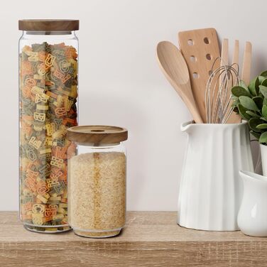 Relaxdays Vorratsdosen, 300-1500 ml, Drehverschluss, Glas/Akazie, braun/transparent, 5er Set