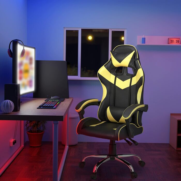 Relaxdays Gaming Stuhl, Racing Look, drehbar, höhenverstellbar, Kopf-& Lendenkissen, HxBxT: 133x68x60 cm, (Schwarz-gelb)