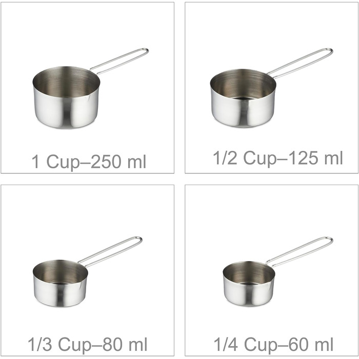 Relaxdays Messbecher & Löffel Set, 8-teilig, Edelstahl, US & ml, Portionierlöffel, Silber