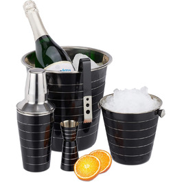 Relaxdays Cocktailset, 5-teilig: Shaker 500 ml, Eiseimer, Zange, Flaschenkühler, Barmaß, schwarz