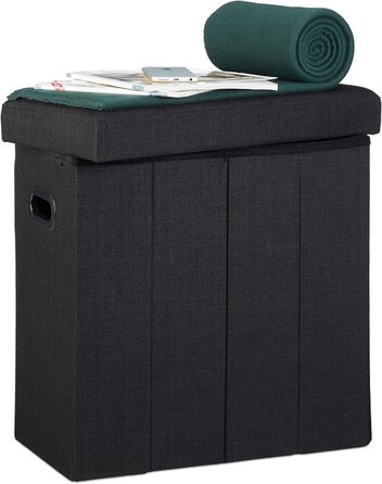 Relaxdays Faltbarer Sitzhocker mit Stauraum, Griffe, Leinen, Polyester, MDF, Schwarz, 49,5x46x25,5 cm