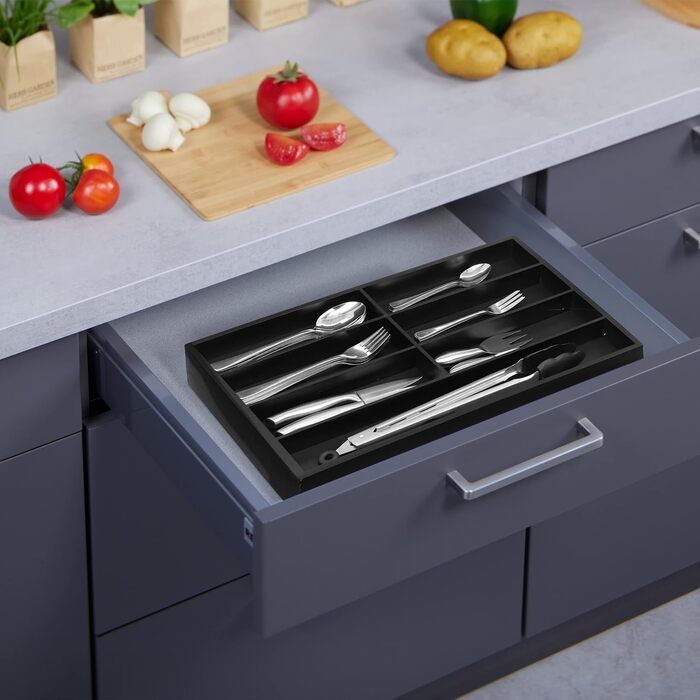 Relaxdays Besteckkasten Bambus, 7 Fächer, HBT 4 x 44 x 30,5cm, schwarz