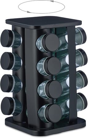 Relaxdays Gewürzkarussell, 16 Gläser, 360° drehbar, Edelstahl & Glas, 27,5x20x20 cm, schwarz