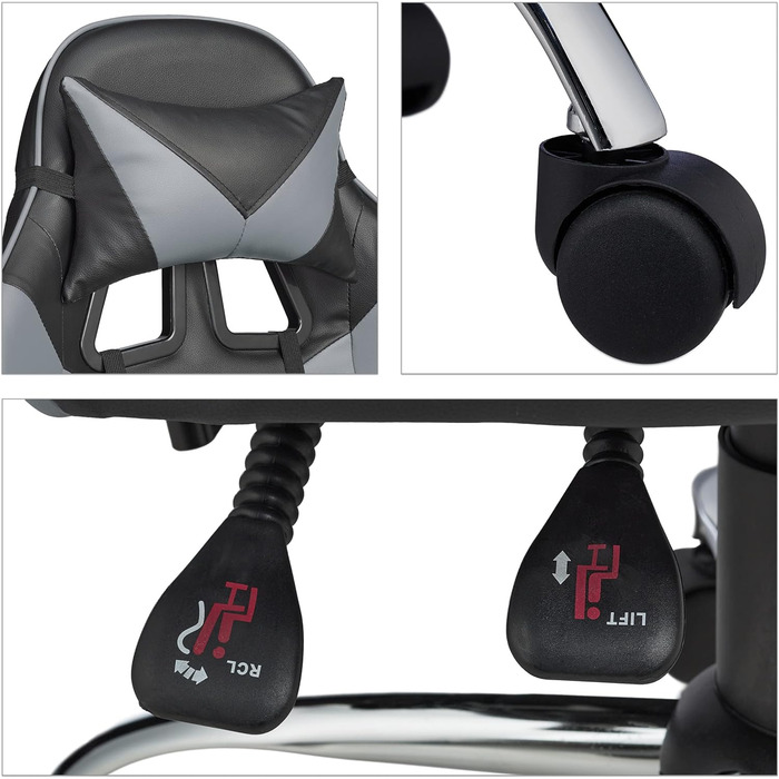 Relaxdays Gaming Stuhl, Racing Look, drehbar, höhenverstellbar, Kopf-& Lendenkissen, HxBxT: 133x68x60 cm, (Schwarz-grau)