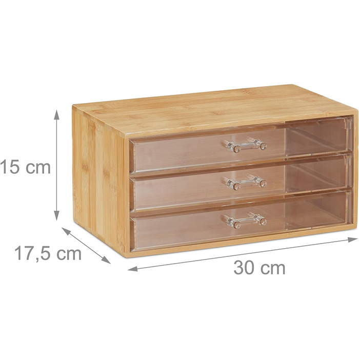 Relaxdays Kosmetik Organizer, 3 Schubladen, Make Up & Schmuckaufbewahrung, HBT 15x30x17,5cm, Bambus Schubladenbox, Natur, PS, 1 Stück