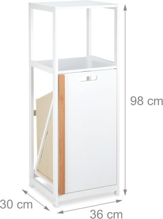 Relaxdays Badregal mit Wäschekorb, 2 Ablagen, kippbar, MDF & Bambus, 98x36x30 cm, weiß/natur