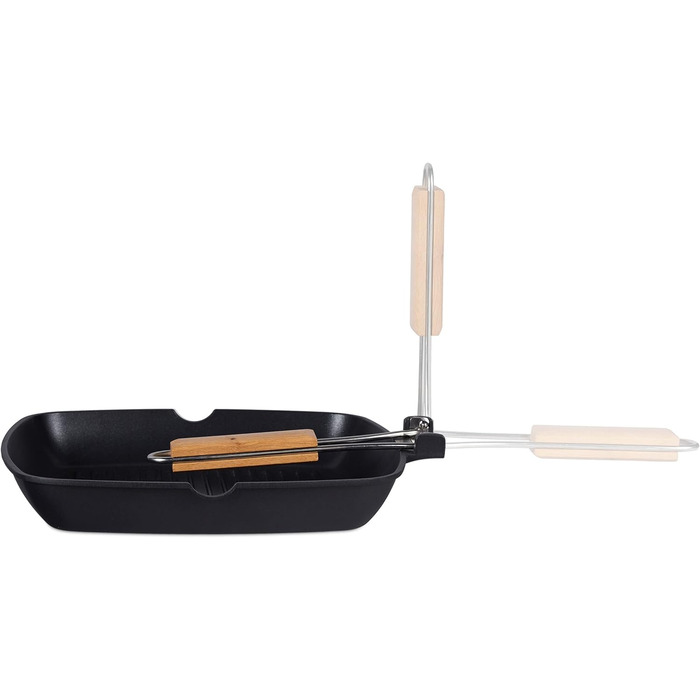 Relaxdays Grillpfanne, abnehmbarer Holzgriff, antihaftbeschichtet, BBQ Bratpfanne mit Rillen, Aluminium, schwarz, 5.5 x 51 x