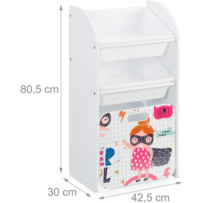 Relaxdays Kinderregal mit 3 Boxen, Heldin-Motiv, Kiste mit Rollen, 80,5x42,5x30 cm, schmales Spielzeugregal, weiß