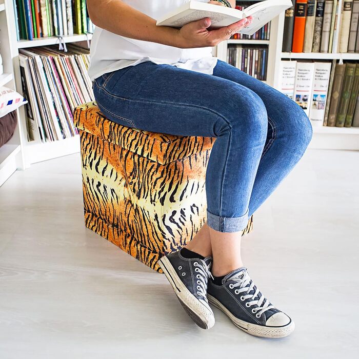 Relaxdays Faltbarer Sitzhocker 38 cm, stabil, trendige Motive, Kunstleder, Stauraum, Deckel, Tiger gelb