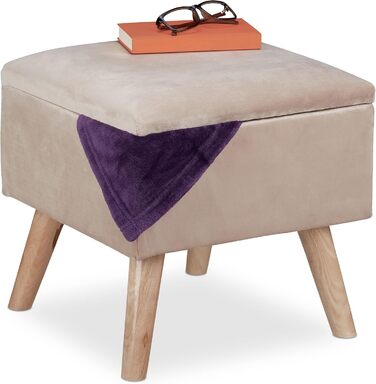 Relaxdays Samthocker mit Stauraum, gepolstert, eckig, Holzbeine, 40x40x40 cm, Creme
