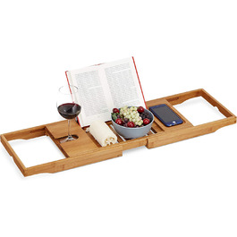 Relaxdays XL Badewannenablage, mit Buchstütze & für Tablet, Luxus Badewannenbrett, Bambus, ausziehbar 70-105 cm, Natur, 1 Stü