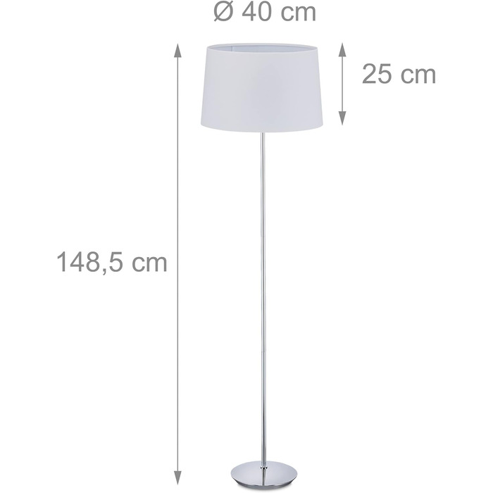 Relaxdays Stehlampe, Stoffschirm, Chromfuß, E27, Ø 40 cm, 148,5 cm hoch, weiß
