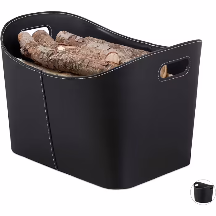 Relaxdays, schwarz Kaminholzkorb Kunstleder  stabiler Feuerholzkorb mit Tragegriffen, für Brennholz & Zeitungen, oval, 80% Pappe (XL, Bundle mit Kaminbesteck 61 x 15 x 15 cm)